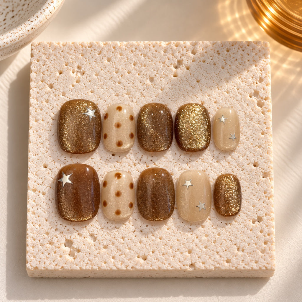 Cocoa Cosmos press-on nails styled