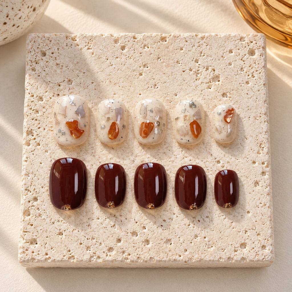 Terrazzo Truffle press-on nails styled