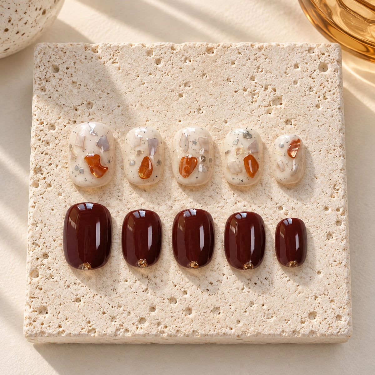 Terrazzo Truffle press-on nails styled